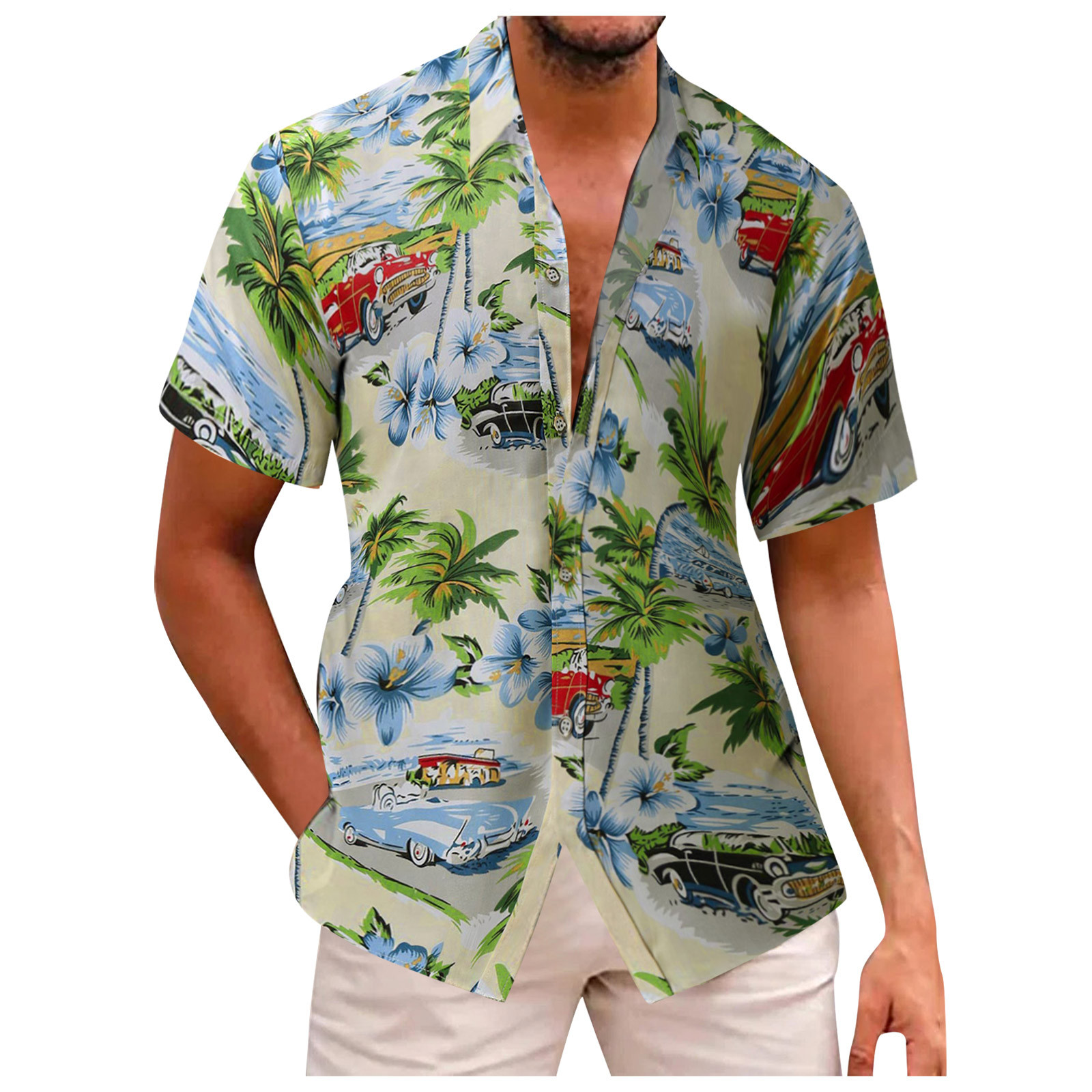 Mens Casual Line Cotton Button Down Shirts 3D Digital Printing Buckle Short Sleeve Top Beach Shirt